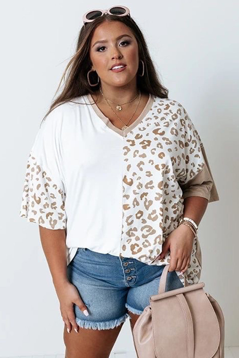 Leopard Patchwork Short Sleeve Plus Size Top