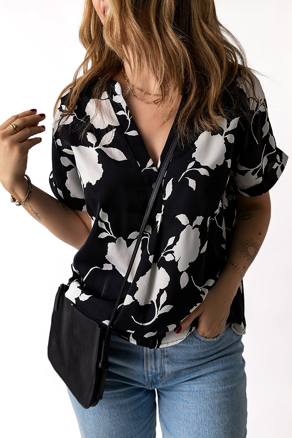 Floral Print Casual Roll Up Sleeve Blouse