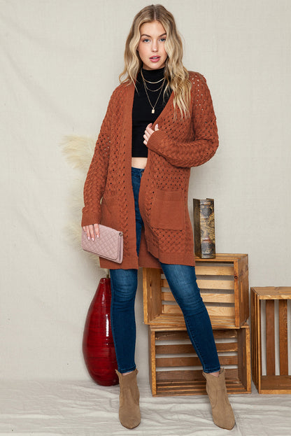 Brown Woven Texture Open Front Pockets Knit Cardigan