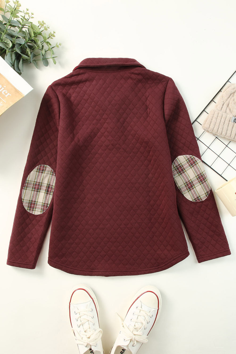 Plaid Geometric Texture Trim Buttons Neck Sweatshirt