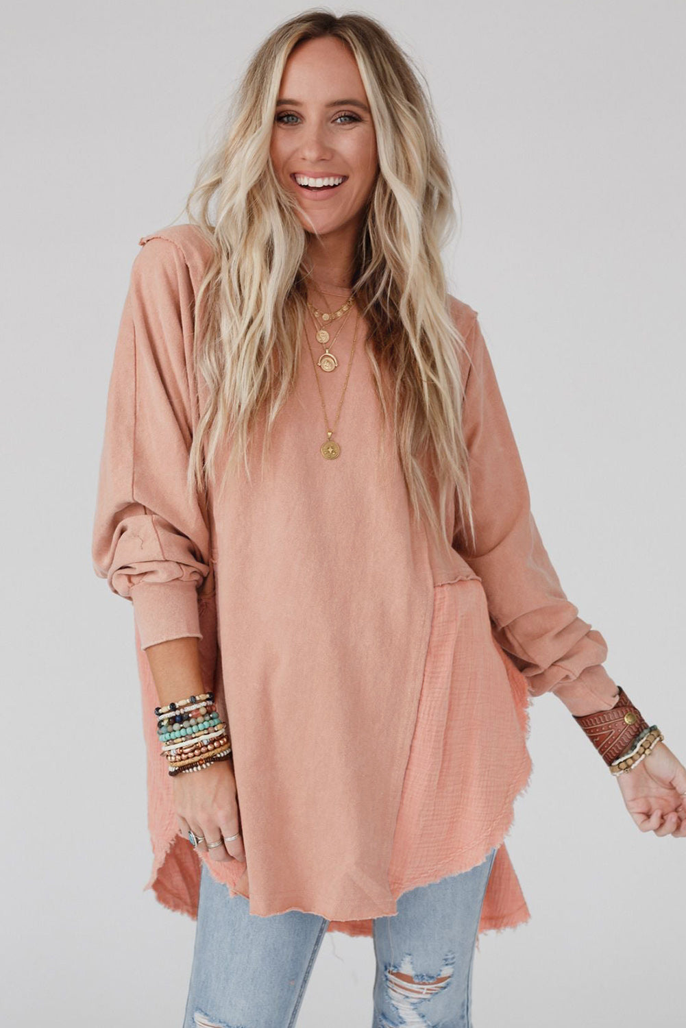 Rose Pink Crinkled Patchwork Raw Hem Oversized Tops
