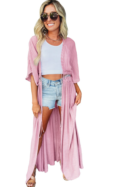 Black Lace Splicing Open Front Maxi Kimono