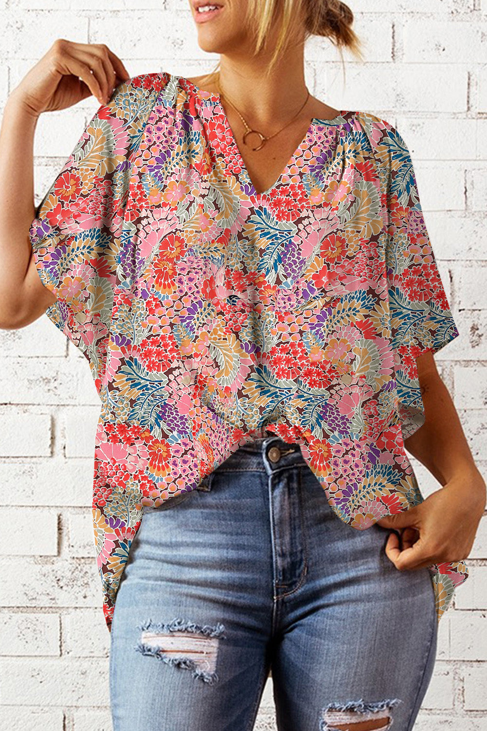 Multicolor Floral Print Smocked Cuffs Long Sleeve Blouse