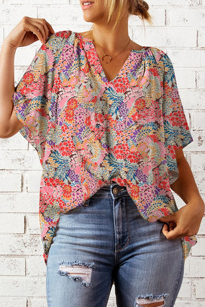 Multicolor Floral Print Smocked Cuffs Long Sleeve Blouse