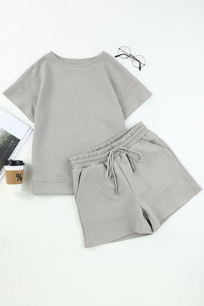Apricot 2Pcs Solid Textured Drawstring Shorts Set