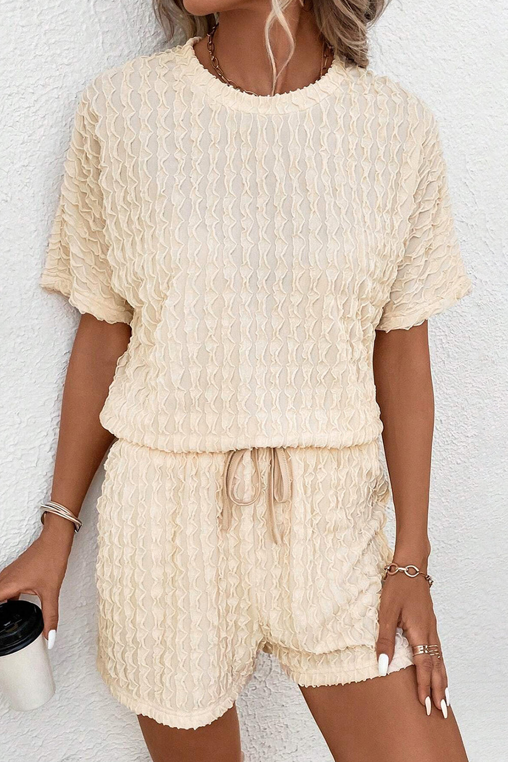 Frill Textured Tee and Drawstring Shorts Set