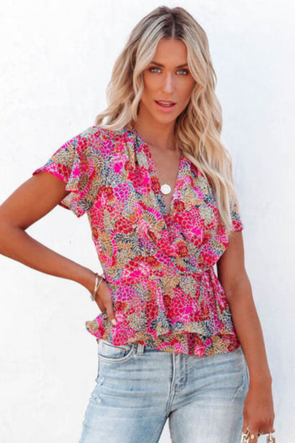 Multicolor Floral Print Smocked Cuffs Long Sleeve Blouse