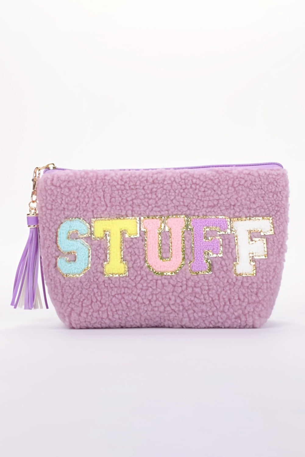 White CALM Letter Pattern Tassel Zipper Makeup Bag