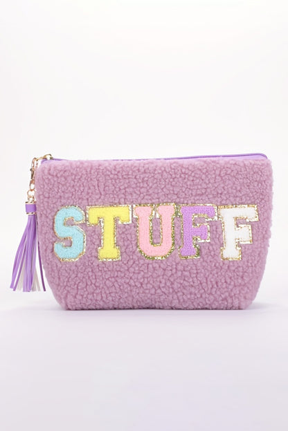 White CALM Letter Pattern Tassel Zipper Makeup Bag