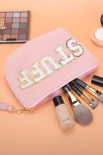 White CALM Letter Pattern Tassel Zipper Makeup Bag