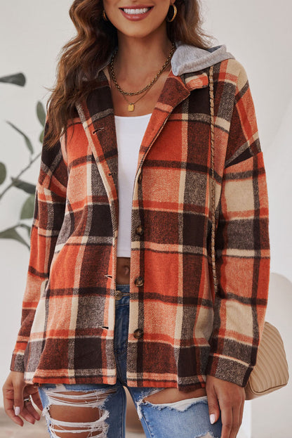 Plaid Button Front Drop Sleeve Hooded Shacket