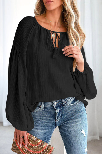 Brown Lantern Sleeve Tassel Drawstring Tie Blouse