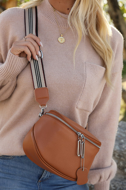 Striped Strap Zipper PU Leather Crossbody Bag