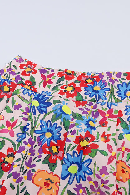 Multicolor Floral Print Smocked Cuffs Long Sleeve Blouse