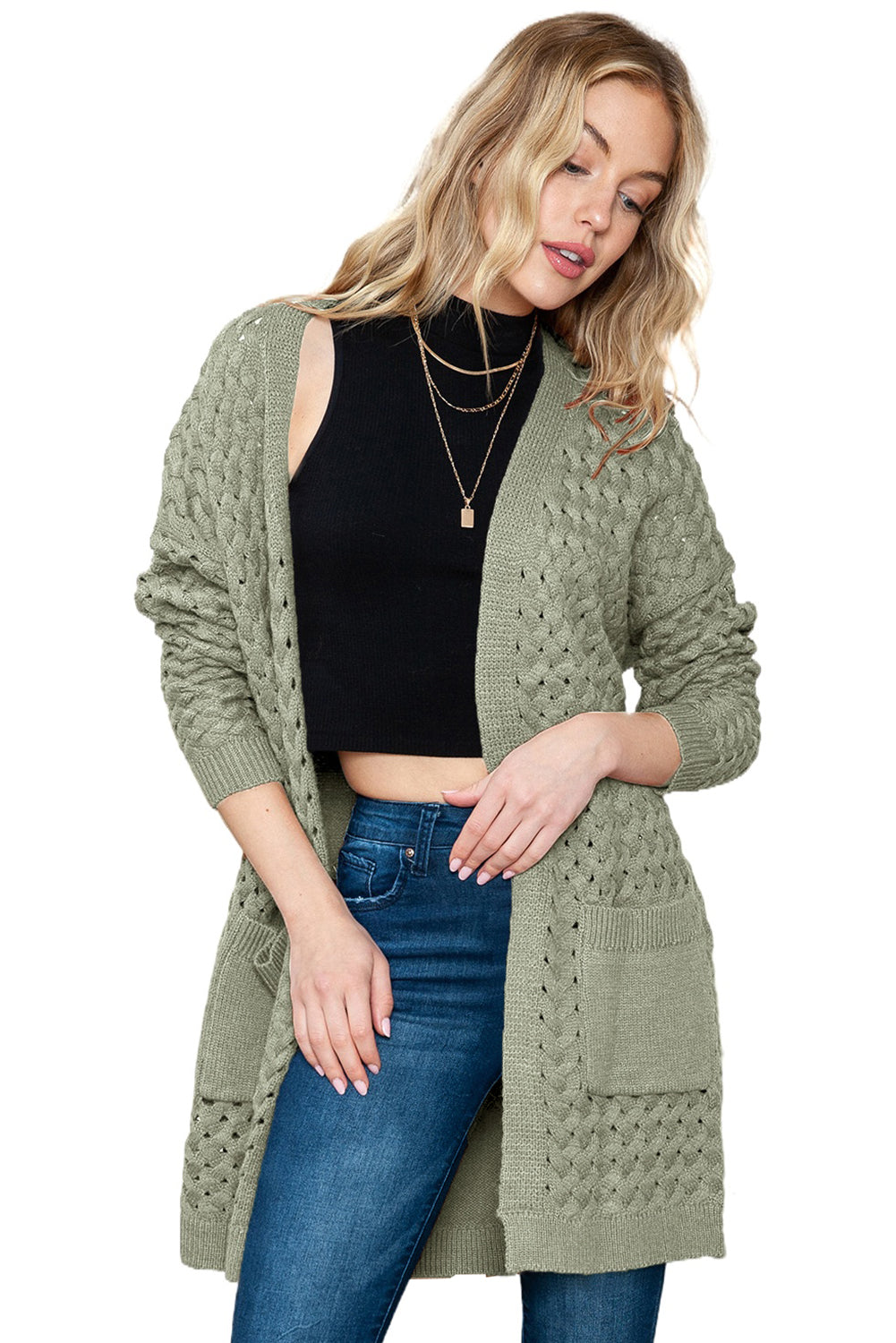 Brown Woven Texture Open Front Pockets Knit Cardigan