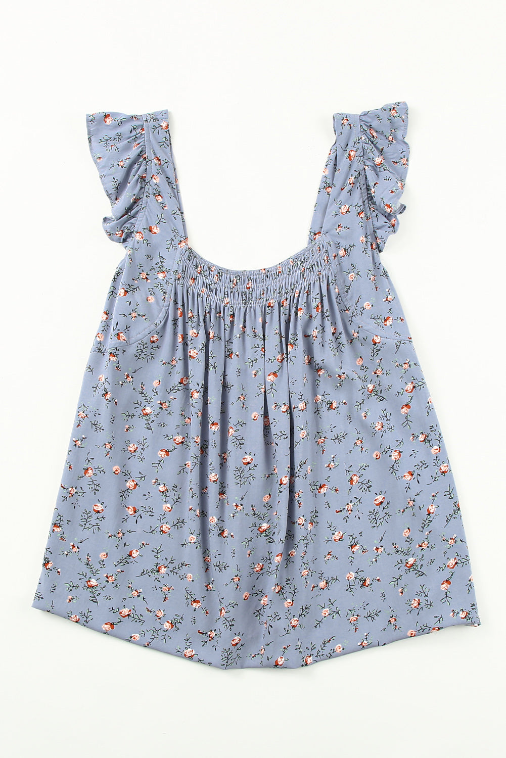 Floral Print Smocked Neck Flounce Sleeveless Shirt