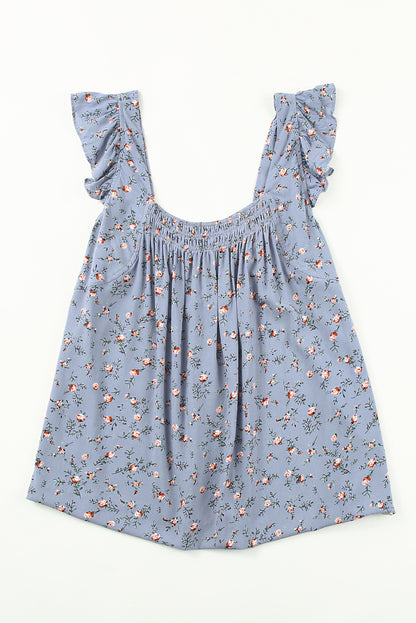 Floral Print Smocked Neck Flounce Sleeveless Shirt