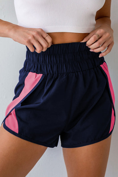 Dark Blue Casual Smocked Elastic Waist Athletic Shorts