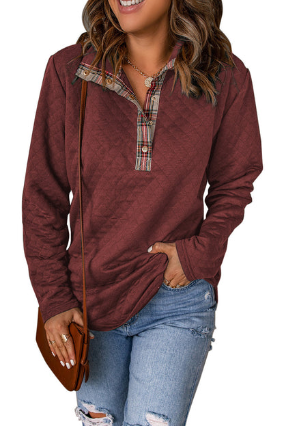 Plaid Geometric Texture Trim Buttons Neck Sweatshirt