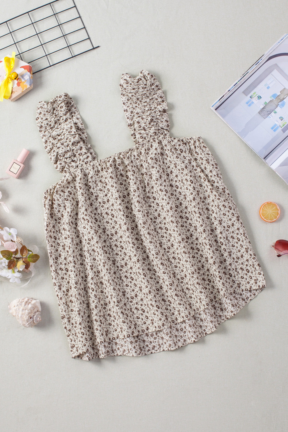 Ditsy Floral Print Ruffle Straps Flowy Boho Summer Top