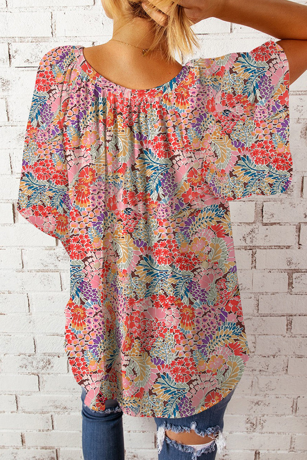 Multicolor Floral Print Smocked Cuffs Long Sleeve Blouse
