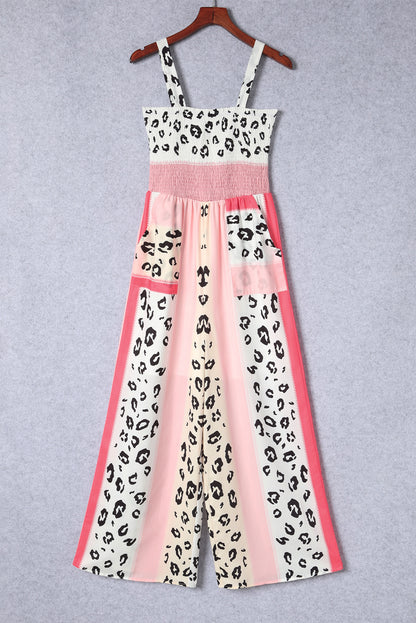 Pink Leopard Color Block Patchwork Strap Jumpsuit