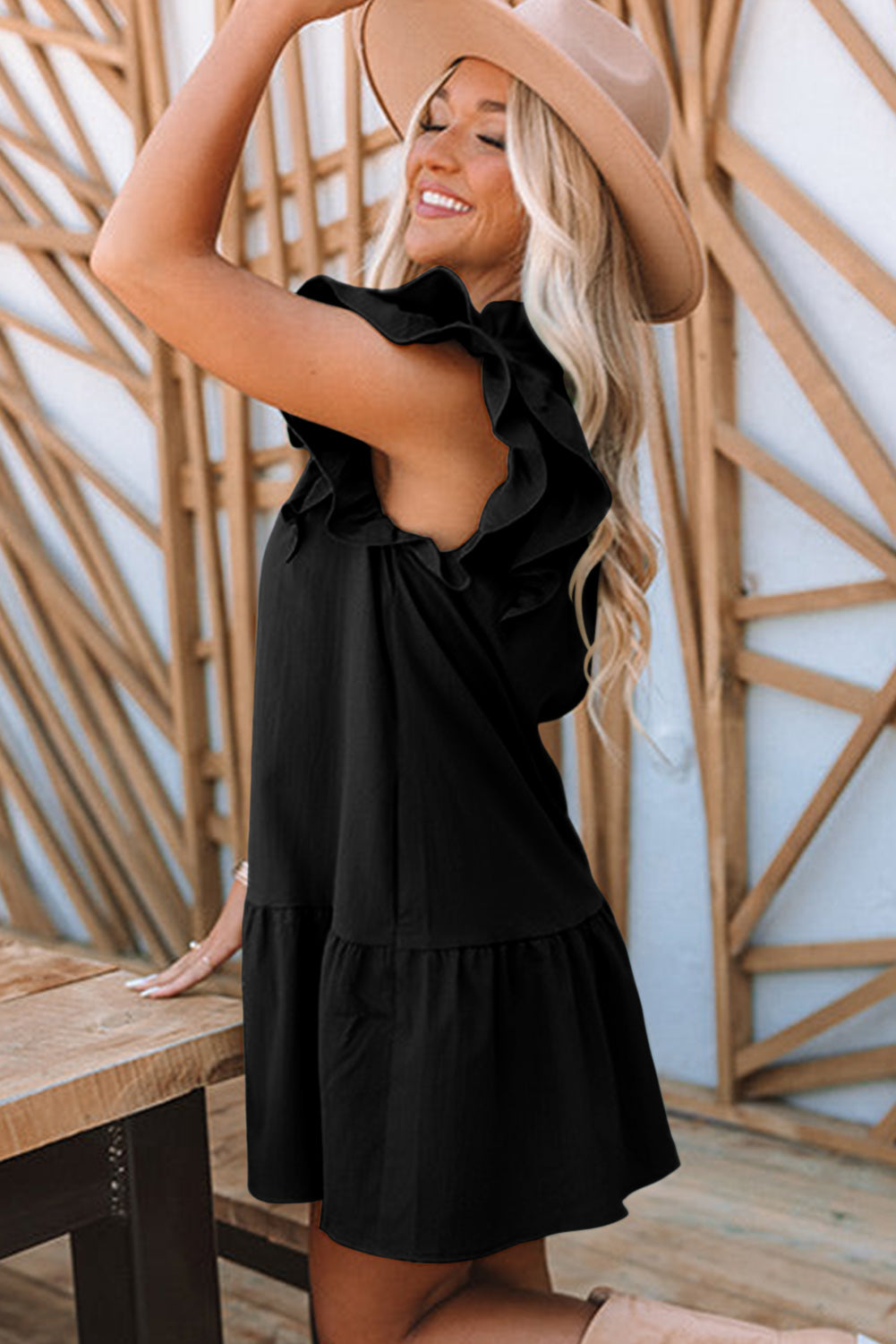 Tiered Ruffled Drawstring V Neck Short Dress With Pockets