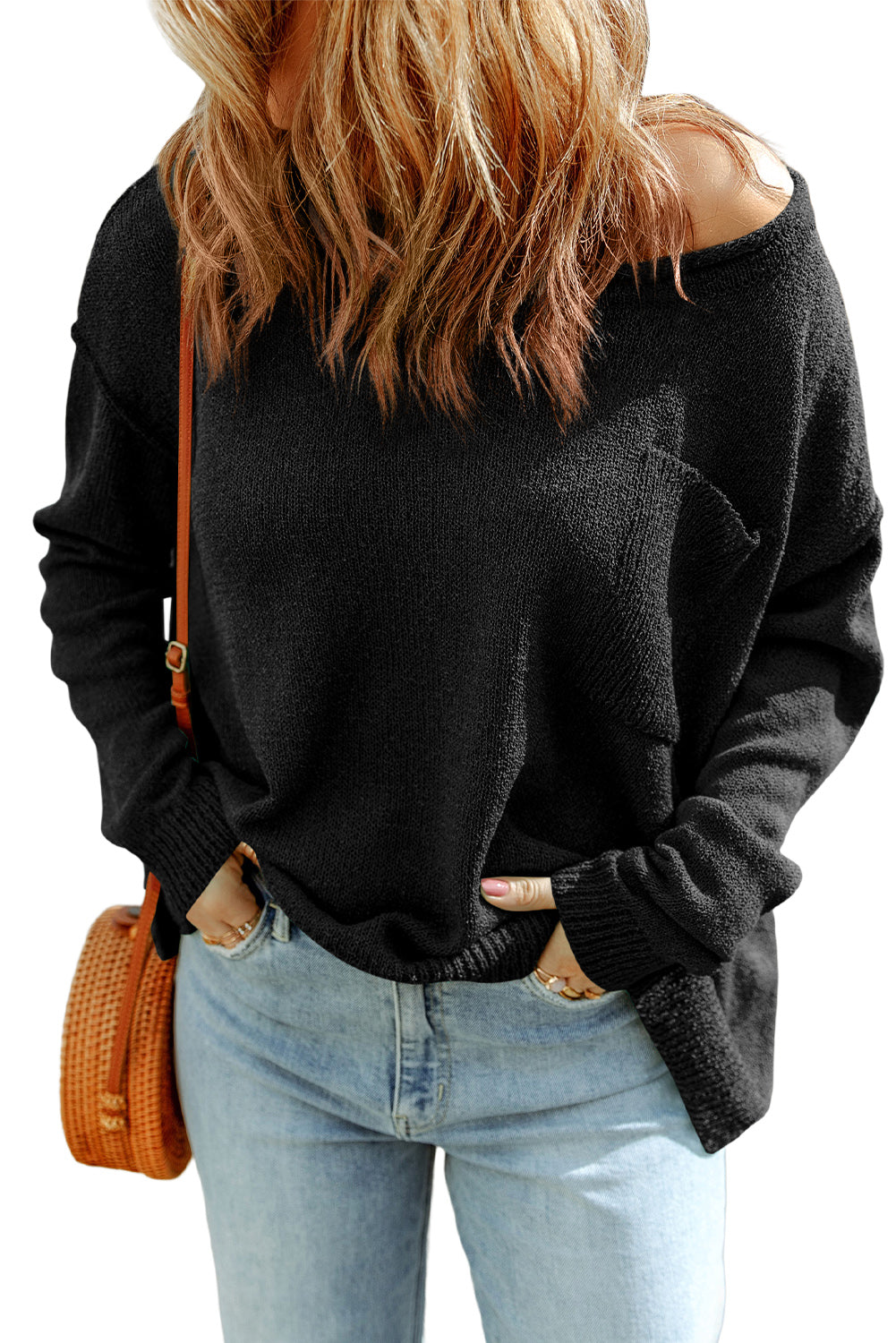 Red Solid Color Drop Shoulder Knitted Pullover Sweater