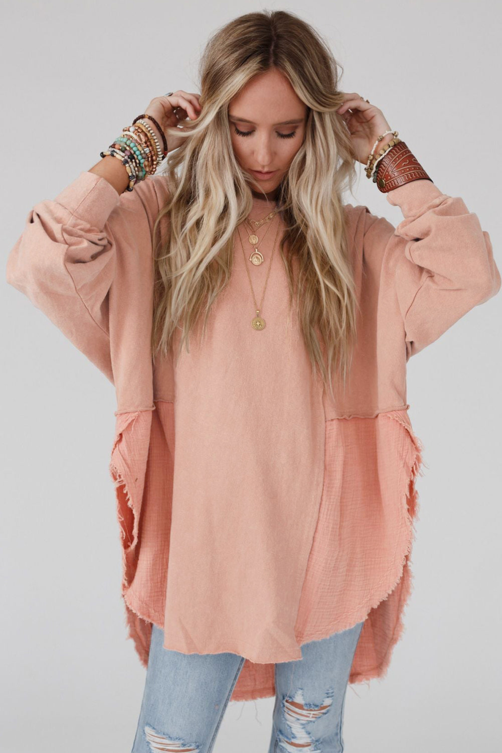 Rose Pink Crinkled Patchwork Raw Hem Oversized Tops