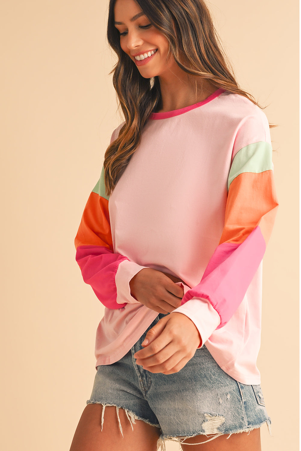 Multi Color Block Sleeve Loose Fit Top
