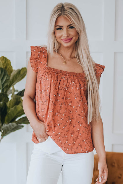 Floral Print Smocked Neck Flounce Sleeveless Shirt