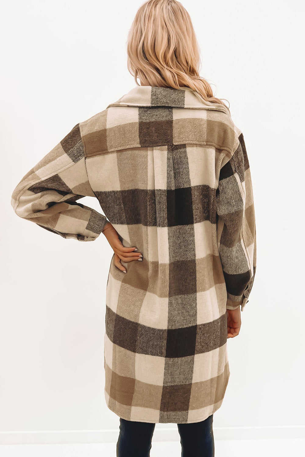 Khaki Plaid Colorblock Button Down Flap Pocket Long Shacket