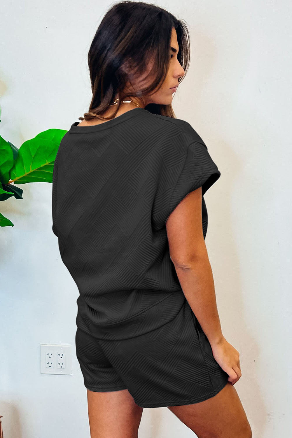 Apricot 2Pcs Solid Textured Drawstring Shorts Set