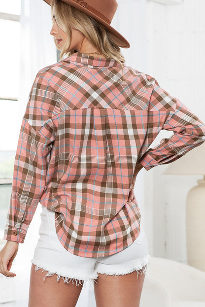 Orange Drop Shoulder Rounded Hem Plaid Pattern Shirt