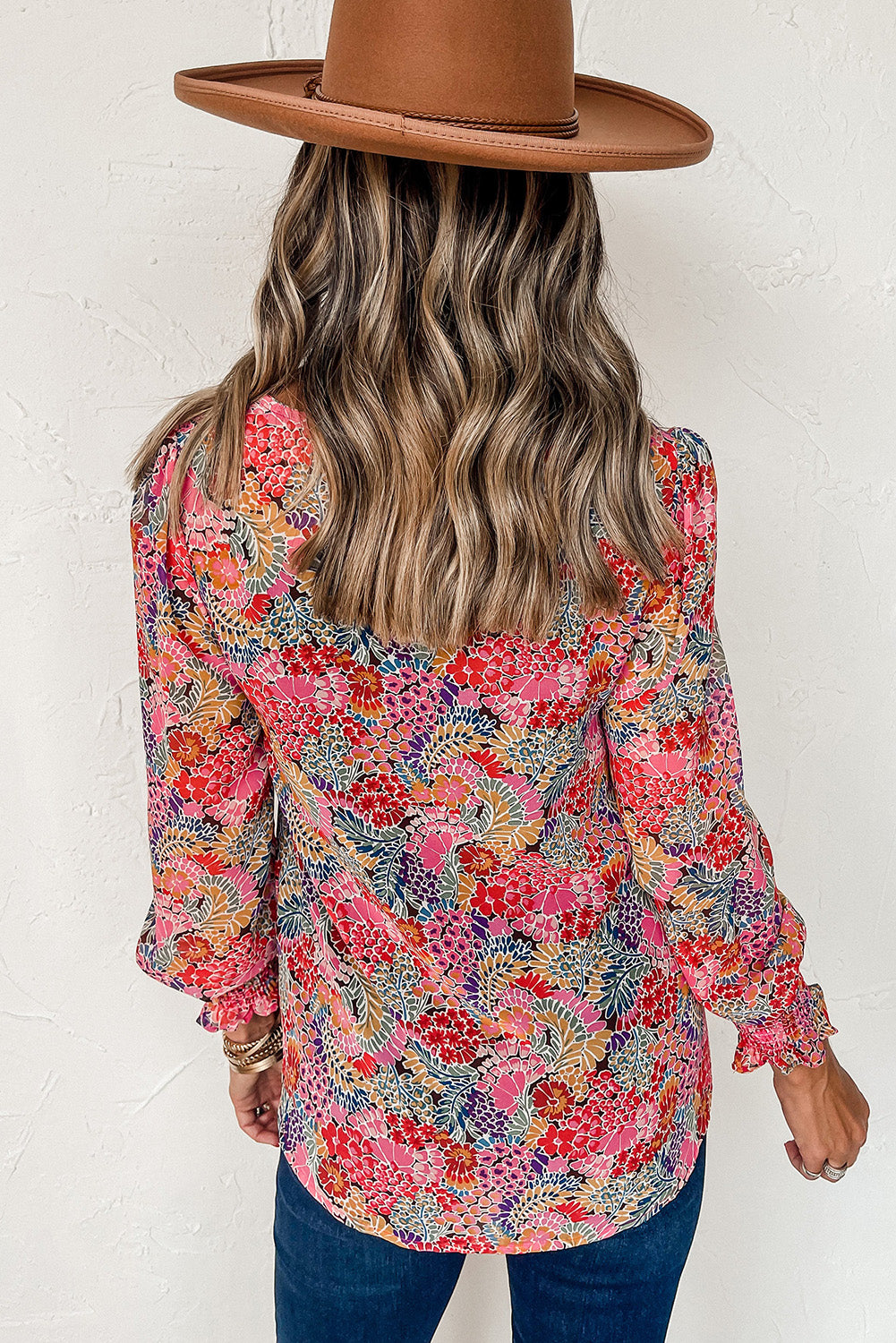 Multicolor Floral Print Smocked Cuffs Long Sleeve Blouse