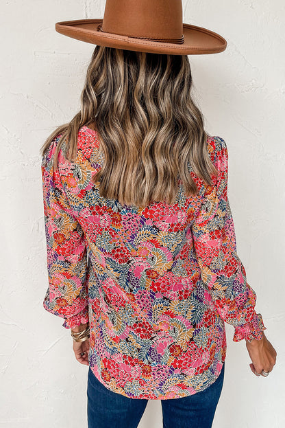 Multicolor Floral Print Smocked Cuffs Long Sleeve Blouse