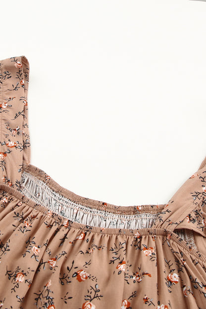 Floral Print Smocked Neck Flounce Sleeveless Shirt