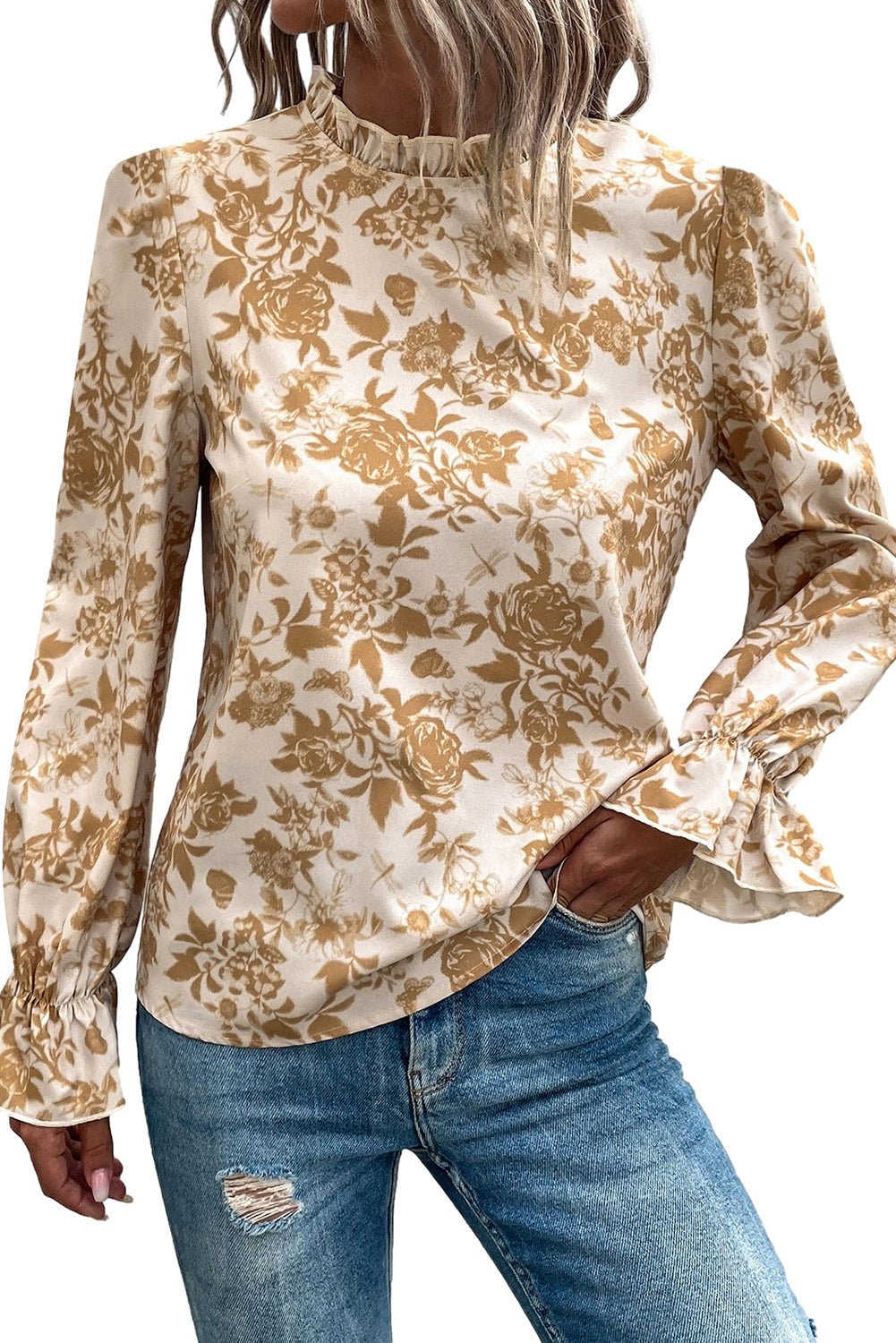 Floral Print Frilled Neckline Ruffle Cuffs Blouse