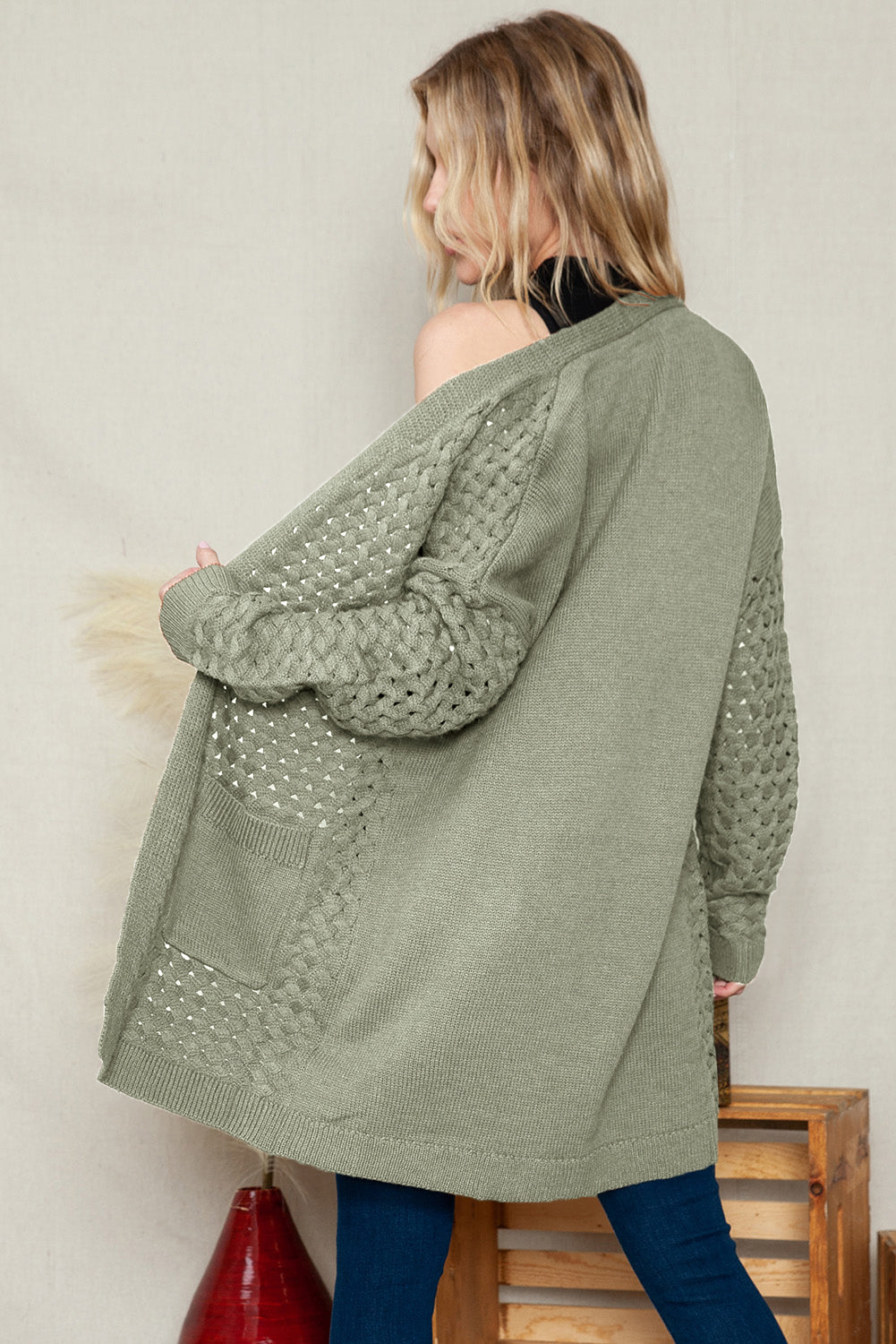 Brown Woven Texture Open Front Pockets Knit Cardigan