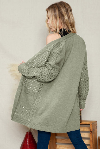 Brown Woven Texture Open Front Pockets Knit Cardigan
