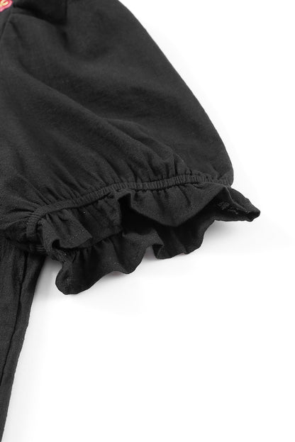 Floral Embroidered Boho Ruffle Puff Sleeve Blouse