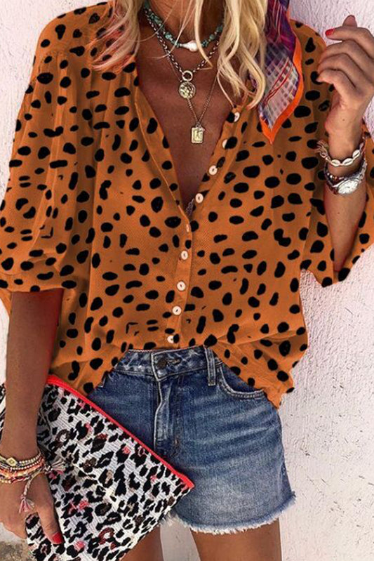 Chestnut Print Bishop Sleeve Button Up Shirt