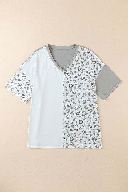 Leopard Patchwork Short Sleeve Plus Size Top