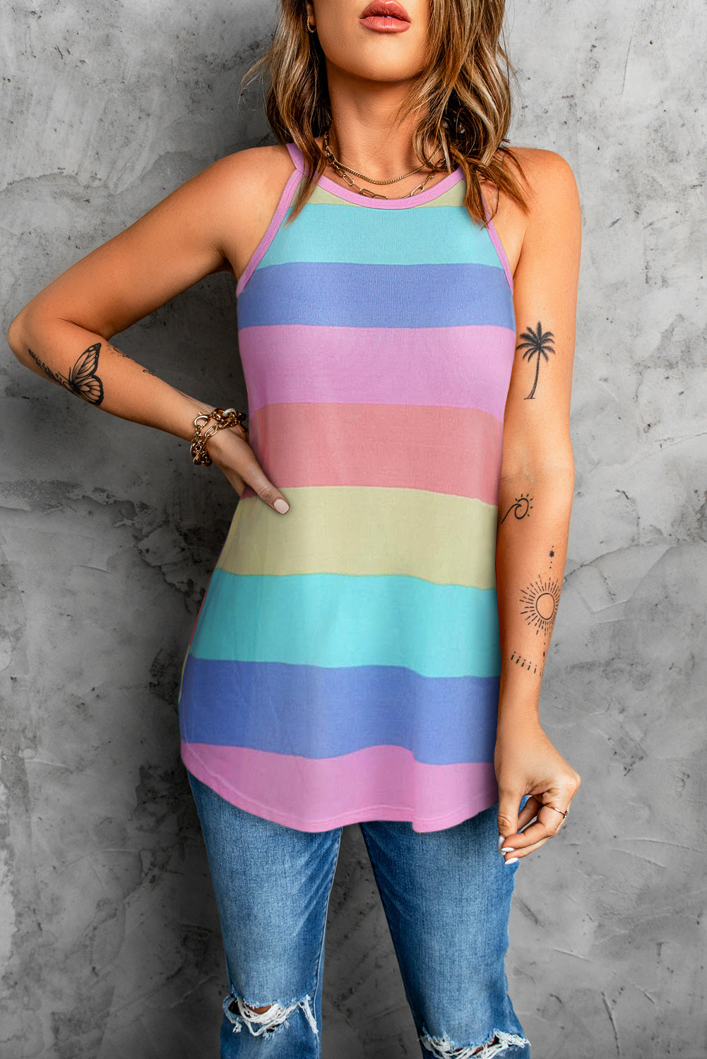 Multicolor Colorblock Striped Casual Tank Top