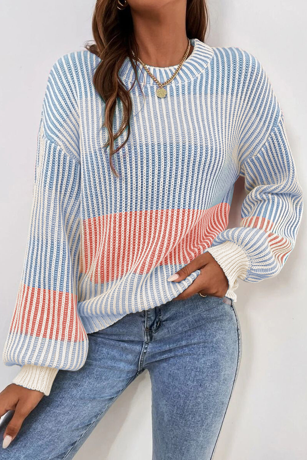 multi Colorblock Lantern Sleeve Rib Knitted Sweater