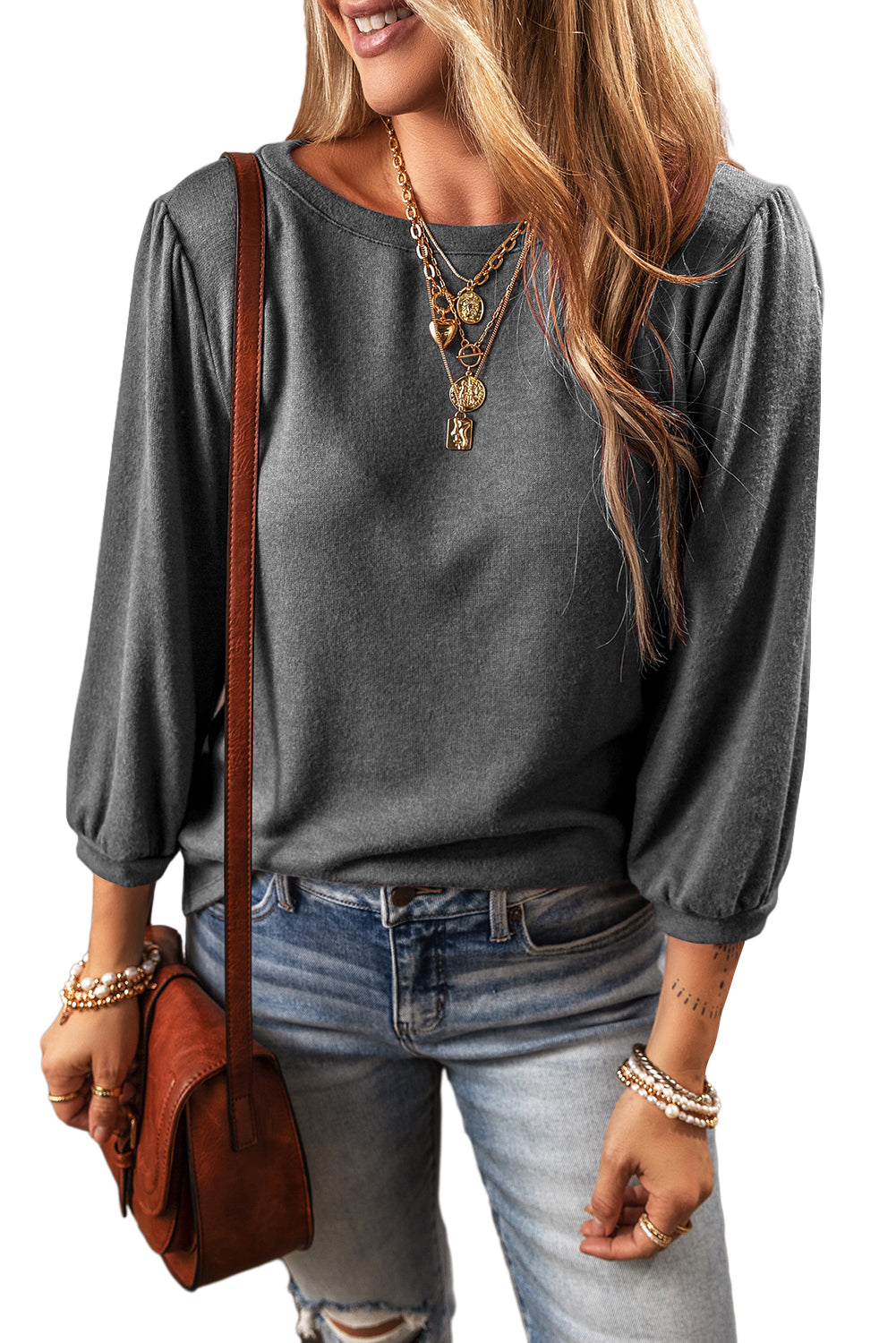 Solid Color 3/4 Puff Sleeve Round Neck Top