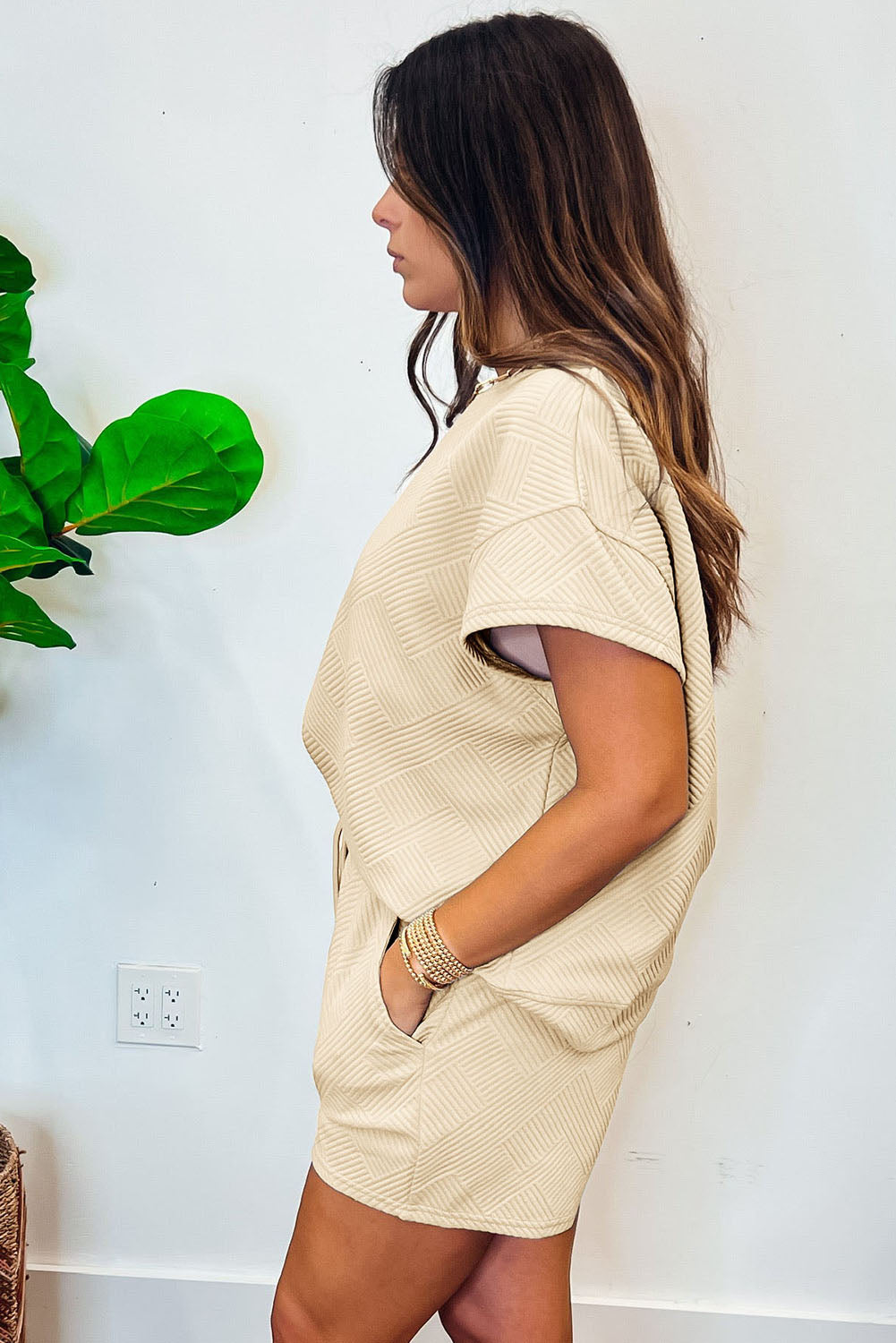 Apricot 2Pcs Solid Textured Drawstring Shorts Set