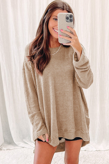 Green Waffle Knit Drop Sleeve High Slits Oversized Top