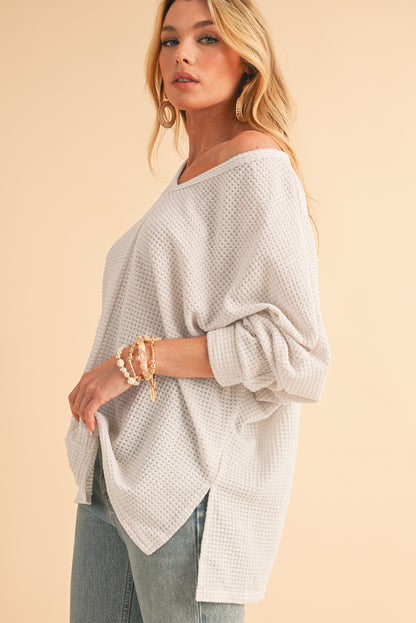 Waffle Knit Side Slits Loose Fit V Neck Top