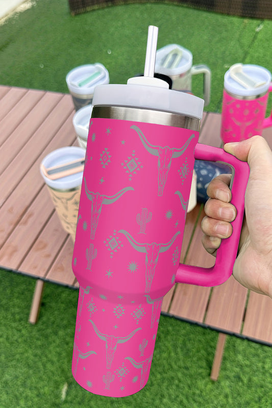 Rose Red Animal Horn Printed Stainless Tumbler with Lid and Straw